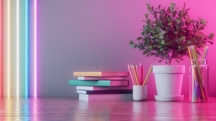 Aufkleber - A colorful bookshelf with a white potted plant and a glass jar of colored pencils