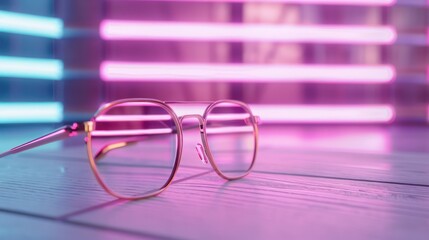 Poster - A pair of glasses is sitting on a wooden table. The glasses are gold and have a blue tint. The table is surrounded by neon lights, creating a vibrant and energetic atmosphere