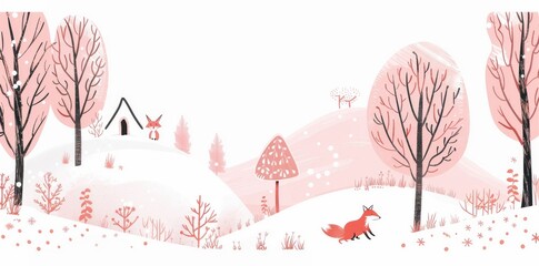The illustration depicts a pastel forest landscape with animals in a childish trendy style. The design is modern and hand drawn.