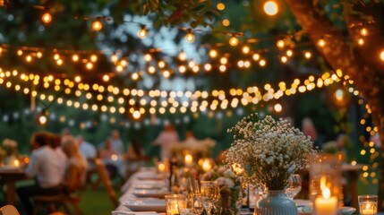 Poster - A group of people are gathered around a table with candles and flowers. Scene is warm and inviting, with the candles and flowers adding a touch of elegance to the setting