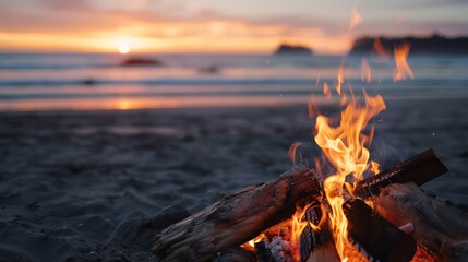 Poster - A fire is burning on a beach at sunset. The fire is surrounded by logs and the beach is empty. The scene is peaceful and serene, with the sun setting in the background