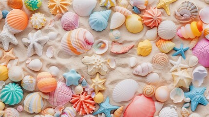Fototapete - A beach scene with a variety of colorful shells scattered across the sand. The shells come in different shapes and sizes, creating a vibrant and lively atmosphere. Concept of relaxation and enjoyment