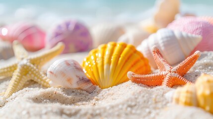 Fototapete - A beach scene with a variety of shells and starfish scattered across the sand. The shells come in different colors and sizes, creating a vibrant and lively atmosphere