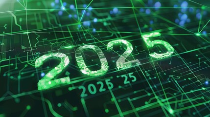 Poster - Futuristic Green 2025 Digital Text on Circuit Board Background