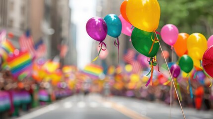 Poster - A parade with many people and balloons. The balloons are in different colors and are tied to a stick