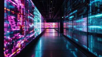 Poster - A long hallway with neon lights and a neon sign that says 