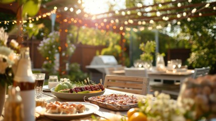 Poster - A table with a variety of food and drinks, including a bottle of wine, is set up for a backyard barbecue