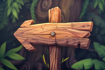 Poster - Wooden sign in a forest, could be used as a background or symbol for outdoor activities, hiking, nature, adventure, and more