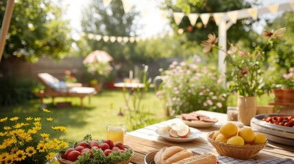 Poster - A table with a variety of food and drinks, including sandwiches, fruit, and wine, is set up in a backyard. The table is surrounded by potted plants and flowers, creating a pleasant