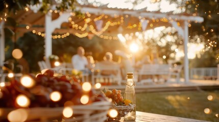 Poster - A group of people are gathered outside under a white tent, with a table full of fruit and a bottle of wine. The atmosphere is relaxed and social, with people enjoying each other's company