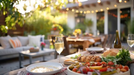 Poster - A table with a variety of food and drinks, including wine, and a couple of bottles. Scene is relaxed and inviting, as it is a casual outdoor gathering with friends or family