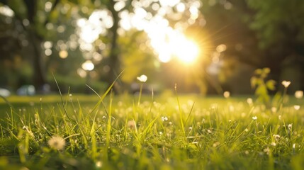 Aufkleber - A field of grass with a bright sun shining on it. The sun is in the middle of the sky and the grass is green