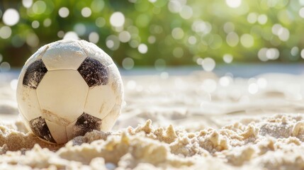 Poster - A soccer ball is sitting on the sand. The ball is white and black. The beach is a beautiful, sunny day