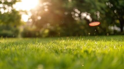 Aufkleber - A frisbee is flying through the air in a grassy field. The sun is shining brightly, creating a warm and inviting atmosphere. The image captures a moment of leisure and fun