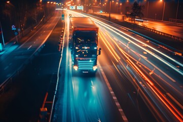 Poster - Nighttime hyperlapse of glowing truck light trails on highway, ai generated transportation scene