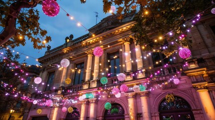 Poster - The building is lit up with many colorful lights, creating a festive and lively atmosphere. The lights are strung up in various patterns and heights, giving the building a unique
