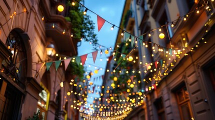 Poster - The lights are hanging from the ceiling and the street is lit up