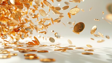 opulent rain of shimmering gold coins 3d rendered with hyperrealistic detail dramatic lighting casting shadows and reflections white backdrop for contrast