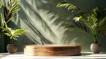 Wall Mural - Minimal modern display podium with wooden base, green backdrop, and palm leaves in sunlight