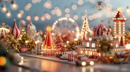 Poster - A cityscape with a Christmas theme, with a carousel and a Christmas tree. The city is lit up with Christmas lights, creating a festive atmosphere