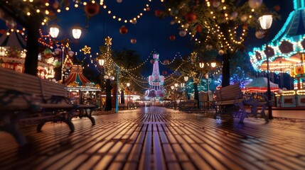Aufkleber - A city street with a Christmas tree in the center and a large Christmas tree in the background. The street is lit up with Christmas lights and there are benches along the sidewalk