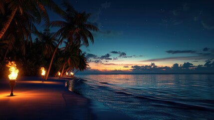 Fototapete - A beach at night with a beautiful sunset and a calm ocean. The beach is lit up with torches, creating a warm and inviting atmosphere. The scene is serene and peaceful