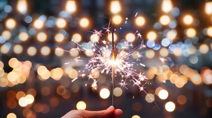 Poster - A person is holding a sparkler in their hand. The image has a festive and celebratory mood, as the sparkler is often used during special occasions like New Year's Eve or Fourth of July