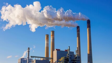 powerful industrial scene of a coalfired power plant with towering smokestacks emitting plumes against a somber blue sky