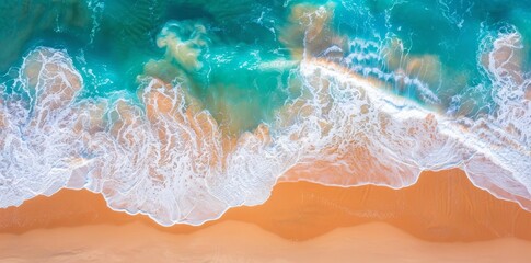 Wall Mural - Waves on the beach. Beautiful summer vacation holidays background. View from the air of the beach and sea.