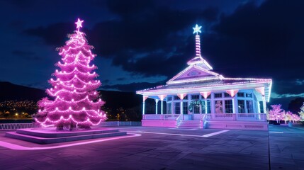 Aufkleber - A Christmas tree is lit up in a town square. The tree is surrounded by a white building with a roof. The scene is festive and inviting