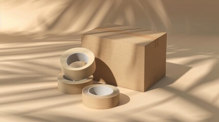 Poster - Three rolls of adhesive tape sit next to a cardboard box