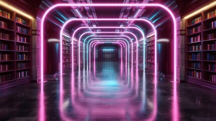 Poster - A neon lit tunnel with bookshelves on either side. The bookshelves are filled with books of various sizes and colors. The tunnel is illuminated with neon lights, creating a futuristic