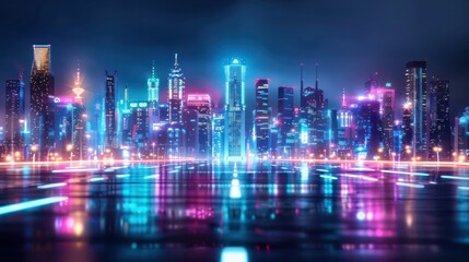 Poster - A city skyline with neon lights and a reflection of the city in the water. Scene is futuristic and vibrant