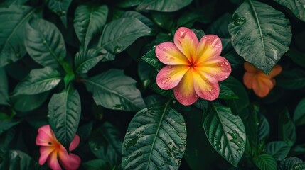 Wall Mural - Pink and yellow flower with green foliage