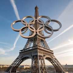 A majestic installation of the five interconnected Olympic rings, the iconic logo symbol of the Olympic Games, suspended majestically above the first floor of the Eiffel Tower's intricate iron lattice