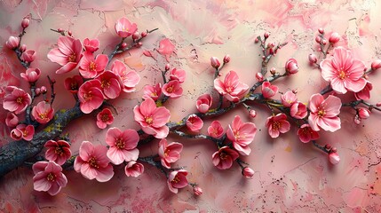 Poster - Pink Cherry Blossom Branch on a Textured Background