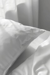 Poster - A close-up shot of a pillow on a bed, suitable for use in bedroom interior designs or as a decorative element