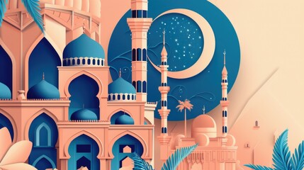 Poster - A picture of a mosque with a crescent moon symbol on its facade, surrounded by palm trees