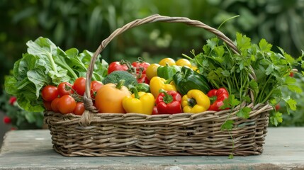 Poster - A basket full of vegetables including tomatoes, peppers, and cilantro. The basket is on a table and the vegetables are arranged in a way that makes them look fresh and inviting
