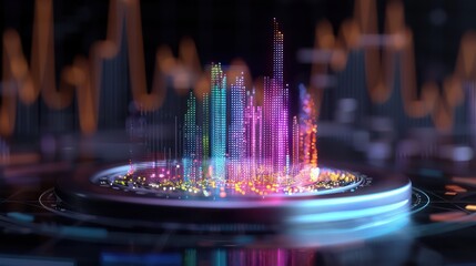 Poster - A colorful cityscape is displayed on a screen. The city is made up of many small dots, each representing a building. The colors of the buildings are bright and vibrant, creating a lively