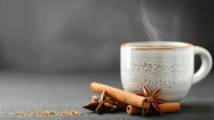Aufkleber - A white coffee cup with cinnamon sticks and a sprig of rosemary on a table. Concept of warmth and comfort