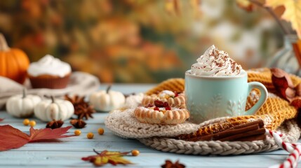 Aufkleber - A blue mug with whipped cream on top sits on a table with a plate of cookies and a bowl of pumpkin seeds. The table is covered with autumn leaves and other fall decorations