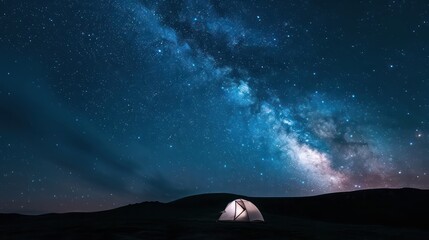 Poster - A small tent is set up in a field under a starry sky. The scene is peaceful and serene, with the stars shining brightly above. The tent provides a cozy and intimate space for someone to relax