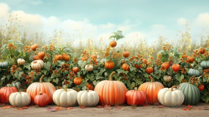 Poster - A row of pumpkins in a field with a blue sky in the background. The pumpkins are of different colors and sizes, creating a vibrant and lively scene