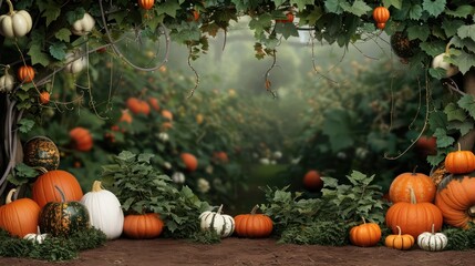 Poster - A field of pumpkins with vines and leaves in the background. The pumpkins are of different sizes and colors, and they are scattered throughout the scene. Scene is warm and inviting
