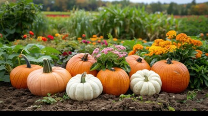 Poster - A row of pumpkins and flowers are displayed in a garden. The pumpkins are orange and white, and the flowers are pink and orange. The scene is bright and cheerful, with the colors of the pumpkins