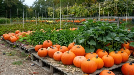 Aufkleber - A field of pumpkins and squash. The pumpkins are on a wooden pallet