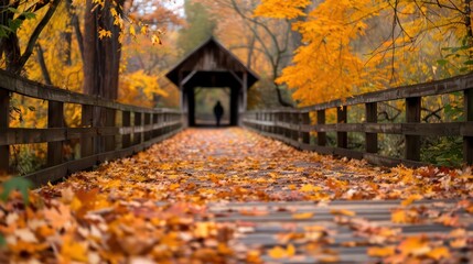 Aufkleber - A bridge with a wooden roof and a person walking across it. The bridge is surrounded by trees with leaves on the ground