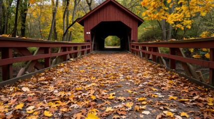 Aufkleber - A bridge with a red roof and a path of leaves on it. The leaves are orange and yellow