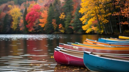 Aufkleber - A row of canoes are sitting in the water, with the water reflecting the trees in the background